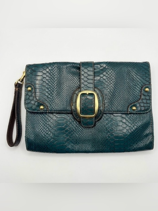 Unknown Handbags - Deep Teal Animal Skin Faux Leather Clutch Gold Buckle Glossy Purse Handbag